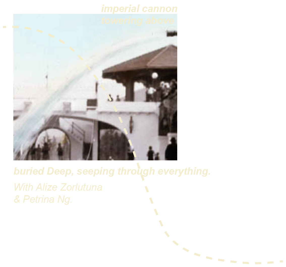 Close up image of a cannon shooting water from the top right corner of the frame, over a brown gazebo-like structure. Behind the water there are two levels of white archways, a large one framing the smaller one with people walking through the passageways. There is a light yellow curved and dotted line moving across the image from top the left corner; the curve overlaps the image, and intersect with the shooting water. The text reads, “imperial cannon towering above, buried Deep, seeping through everything” The background is forest green and the text and curved line are pastel yellow. 